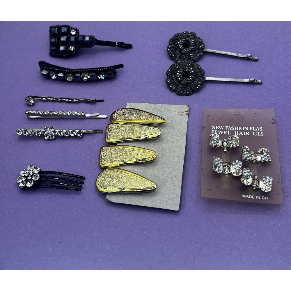 Lovely Vtg Rhinestone Hair Pin‎ Clips LOT of 16 Silver & Gold & Black Tones
